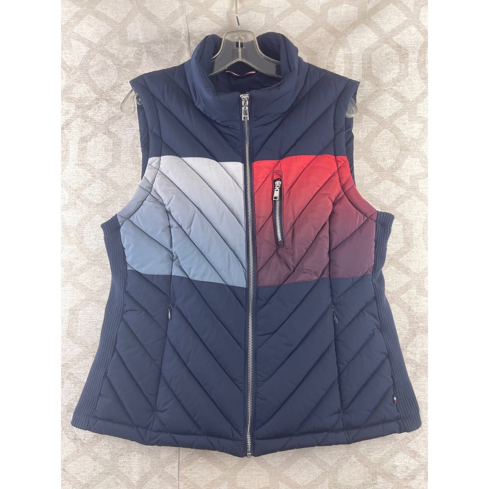 Tommy Hilfiger Women Quilted Puffer Vest Colorblock Full Zip Navy Red Gray Large